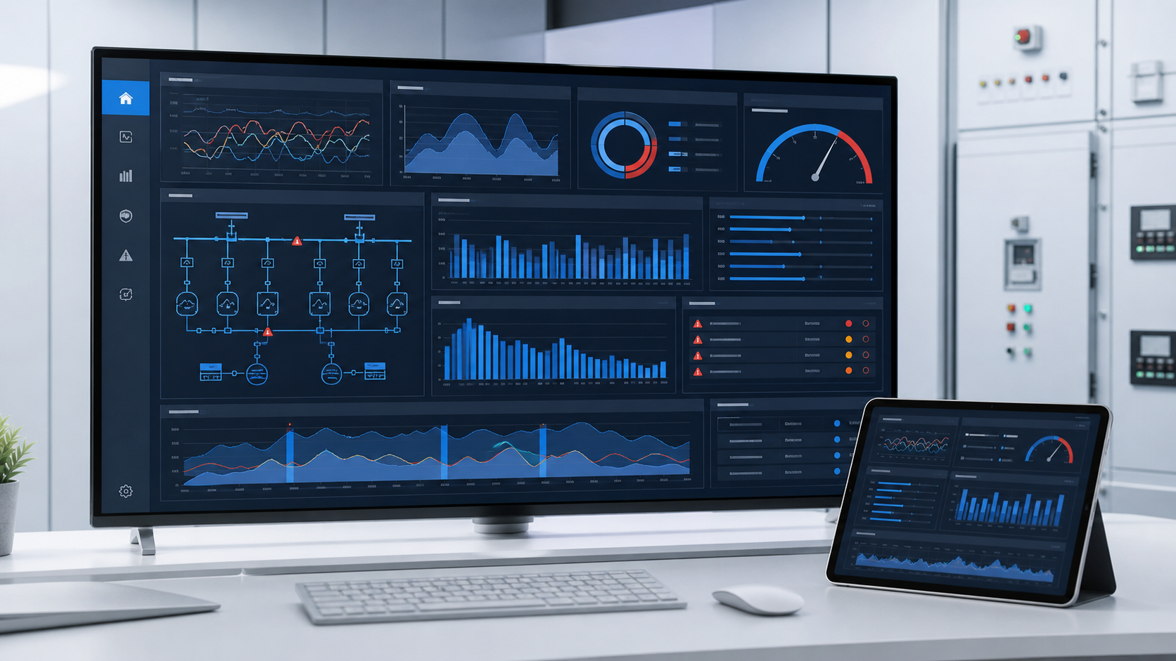 PowerStudio SCADA real-time dashboard for energy trends, power quality visualization, and abnormal condition alarms